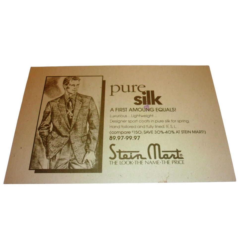 Vintage 1992 Stein Mart Pure Silk Sport Coat Advertising Postcard Denver CO